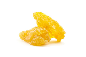 Dehydrated yellow pear with a translucent, wrinkled texture, isolated on white background. Ideal for healthy snack, fruit packaging, or nutrition concepts