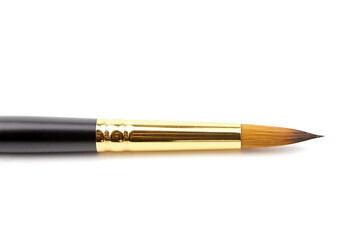 Fine art paintbrush with a pointed tip and golden ferrule, resting on a clean white background,...