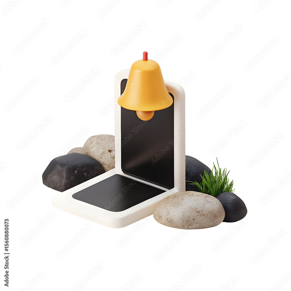 Poster alert bell on device with rocks isolated on a transparent background