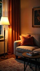 Cozy Living Room Illuminated by Warm Lamplight, Perfect for Relaxation and Comfort