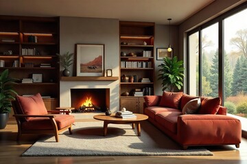 Cozy Family Room Interior Warm Lighting, Fireplace, and Comfortable Furniture Perfect for Relaxation and Family Time