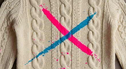 Abstract Sweater Design: Close-Up of Cream Cable Knit with Bold Pink and Blue Paint Strokes -...