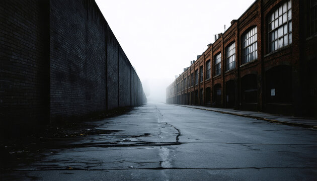 Deserted foggy road leading to bright light between prison wall and abandoned factory