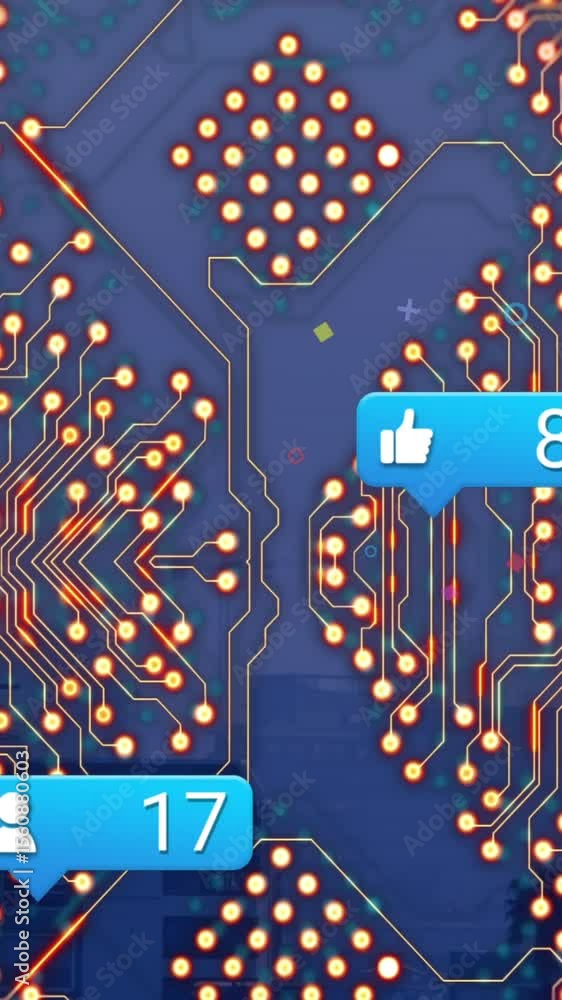 Poster animation of social media icons with growing number and computer circuit board over cityscape