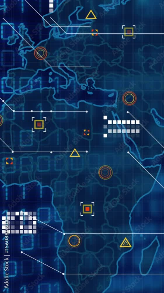 Poster animation of data processing over blue world map