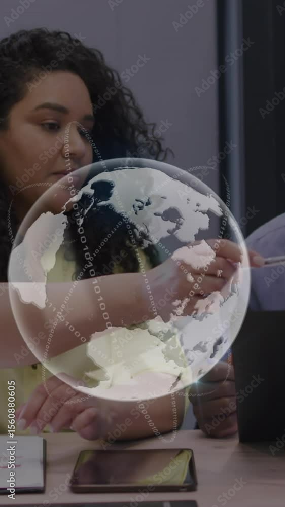 Aufkleber animation of globe and data processing over diverse business colleagues in discussion at office