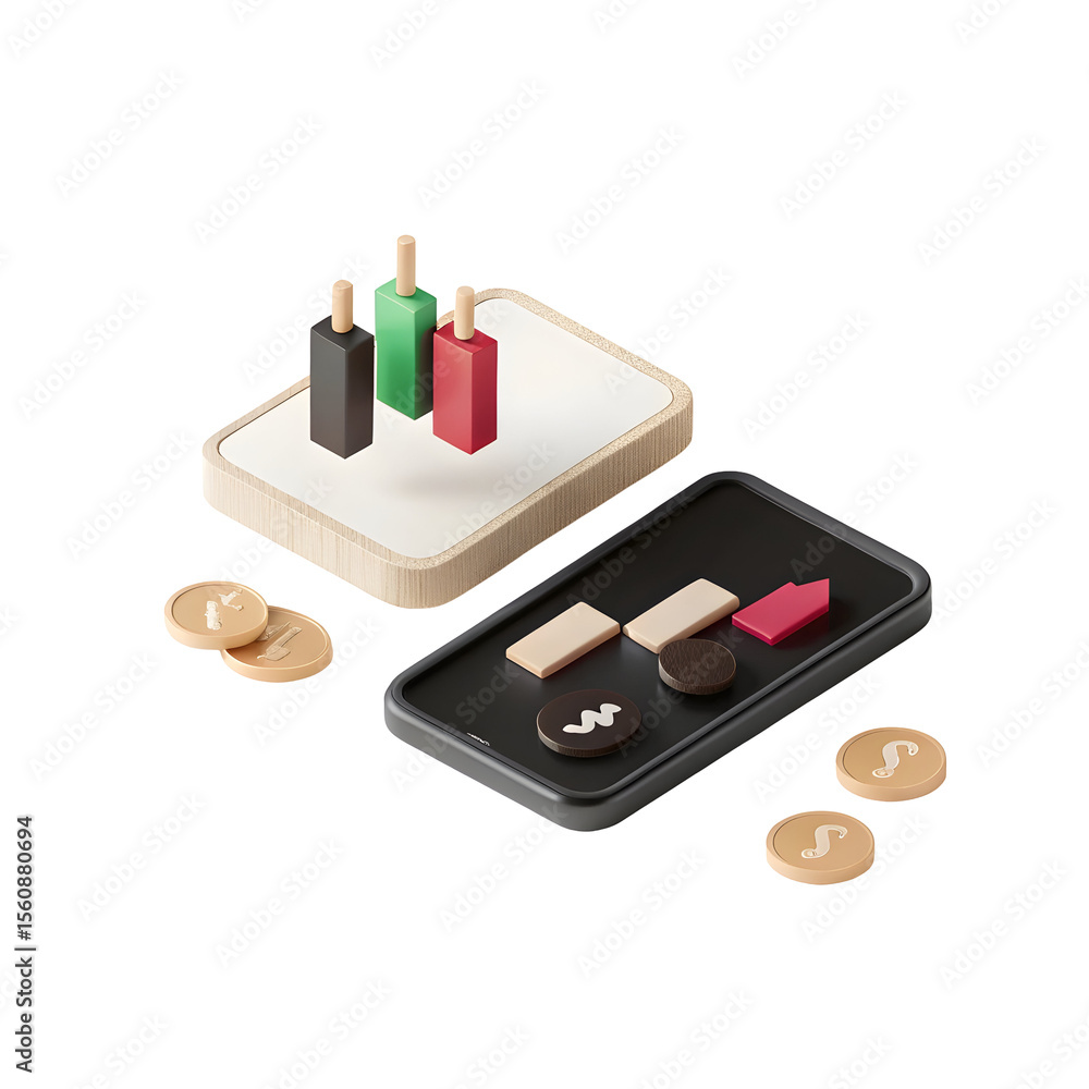Poster 3d financial graph with coins isolated on a transparent background