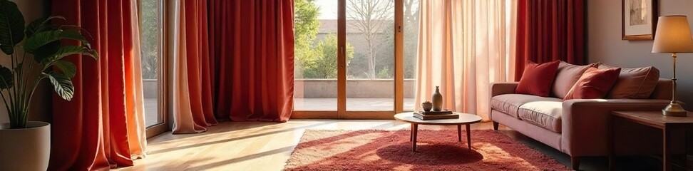 Elegant Velvet Curtains Draped in a Sunlit Modern Living Room, Adding Sophistication and Warmth to the Farmhouse Interior Design