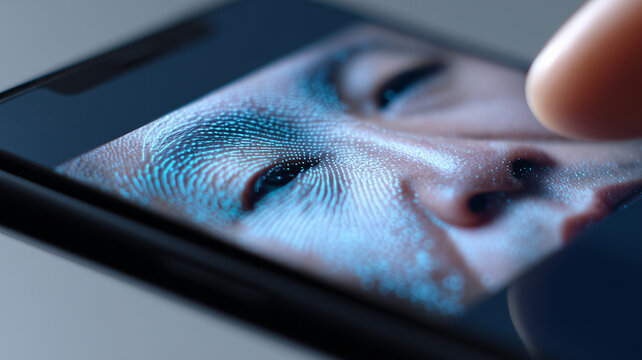 Facial ID Print: a phone displays a dotted face mesh like a fingerprint while a finger approaches, highlighting biometric security.

