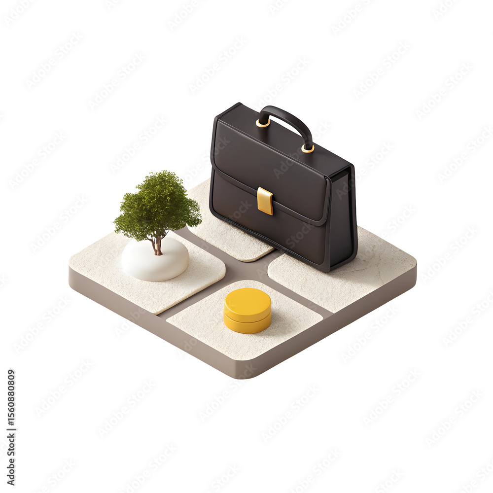 Poster briefcase tree and yellow container isolated on a transparent background