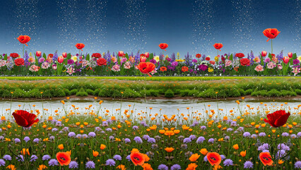 Dreamy Botanical Scene with Sparkling Sky and Different Flowers