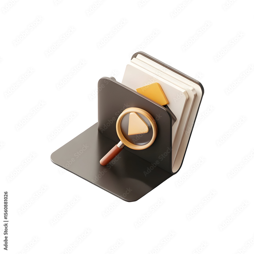 Poster folder with magnifying glass and play button isolated on a transparent background