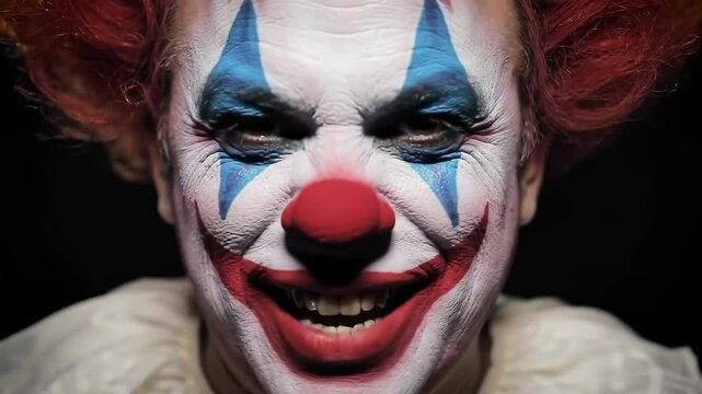 Scary evil clown face with creepy smile and horror makeup, with sinister laugh on dark background. Concept of Halloween monster, fear, nightmare character, horror costume design