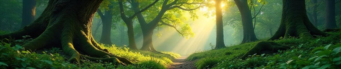Sun-Dappled Ancient Forest Tranquil Green Canopy, Mossy Trees, Peaceful Landscape