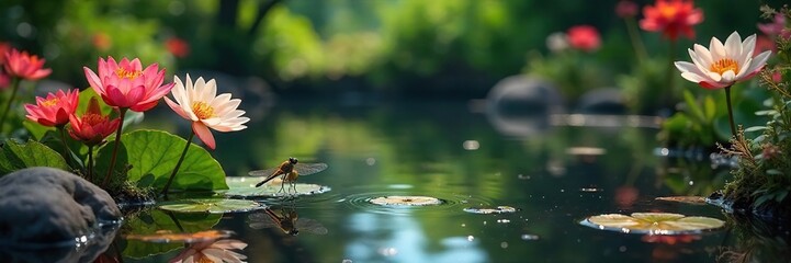 Vibrant Flower Pond Dragonflies and Blossoms Reflecting in Still Water, Peaceful Summer Landscape