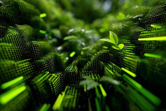 Abstract green transformation concept neon arrows energy efficiency icons bold vibrant gradients smart city background leaves and tech overlay modern eco futurism