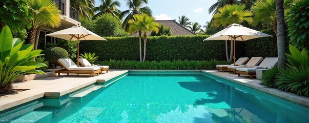 Luxurious Poolside Paradise Shimmering Turquoise Water and Lush Greenery