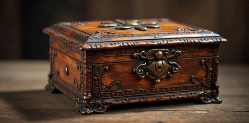 Antique Wooden Jewelry Box with Intricate Carvings A Vintage Treasure Chest for Romantic Settings