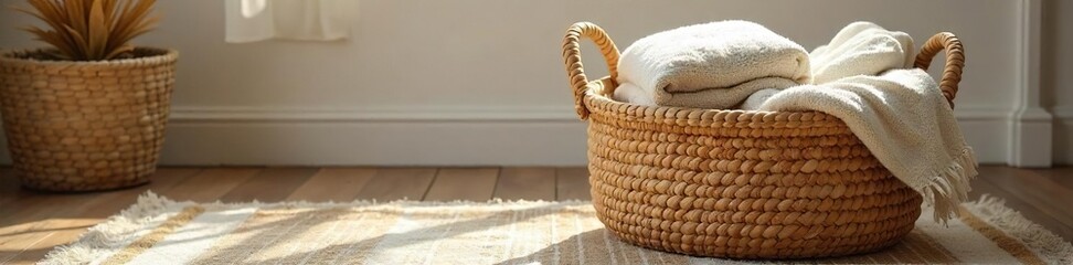 Handwoven Rug Basket Overflowing with Soft Blankets Rustic Home Decor & Cozy Storage Solution