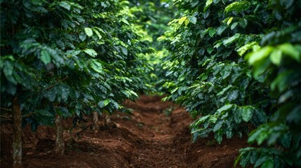 Obraz premium Coffee plantation rows. Coffee trees
