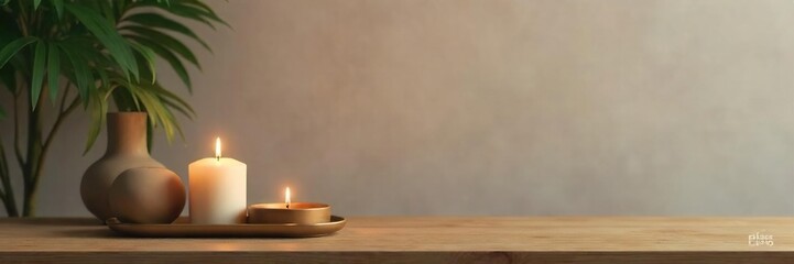Elegant Minimalist Candlestick on Wooden Surface  Creating a Sophisticated and Warm Ambiance in Home Interiors. Perfect for Blogs, Websites, and Home Decor Catalogs.