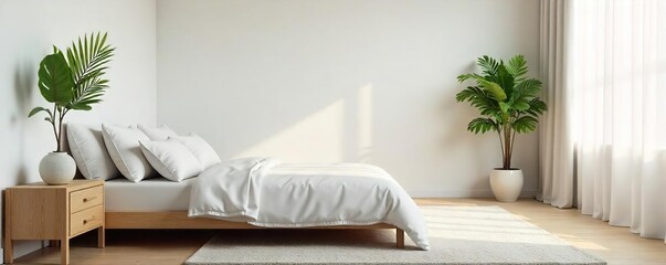 Serene Minimalist Bedroom Soft Light Illuminates a Simple White Bed, Natural Wood Nightstand, and Greenery