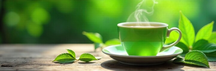 Steaming Cup of Vibrant Green Herbal Tea A Relaxing Wellness Scene Illuminated by Soft Natural Light, Featuring Lush Green Leaves. Perfect for health, wellness, and relaxation themes.