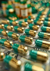 Pharmaceutical companies are similar to factories in that they make money by creating piles of piles of money, all in green and gold.
