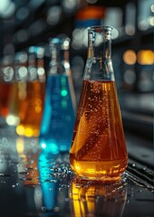 Close-up of a conical flask filled with amber liquid,  with water droplets on a dark surface; multiple other flasks of varying colors, a scientific laboratory scene, evocative of a science laboratory 