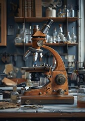 Vintage antique brass microscope on a cluttered lab table