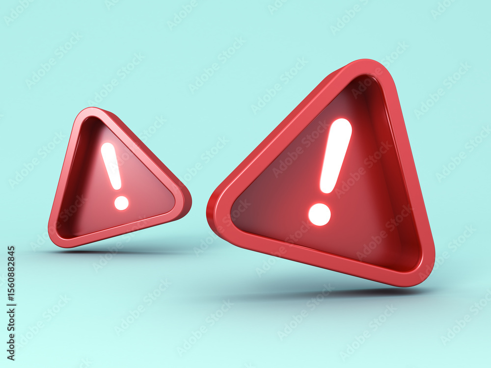 Poster 3d red hazard warning attention sign box with white neon light exclamation mark symbol icon isolated