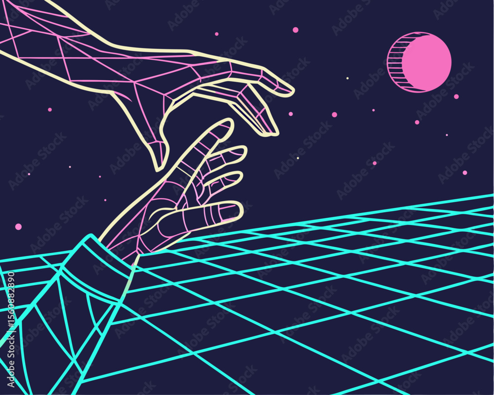 Poster the design is a retro 80s futuristic deep space scene with a polygon human hand hovering over a grid