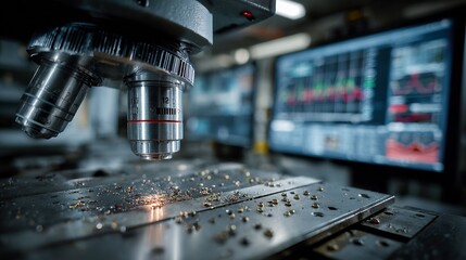 Close up of forensic ballistics analysis spent bullet casings under microscope comparison screens trajectory data clean high detail lab environment