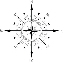 An elaborate black and white vector illustration of a compass rose with extended directional arms for cardinal and intercardinal points. The central star is surrounded by a ring of smaller markers and © Riki