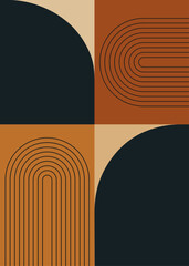 modern abstract art earthy colors. Minimalist colorful geometric shapes with arcs and lines, rectangles, boho style vector background decoration. Orange, blue, beige, yellow