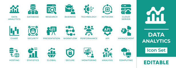 Data Analytics Icon Set. Features icons for analytics, big data, dashboards, cloud computing, and insights. Perfect for tech teams, BI tools, and business reports.
