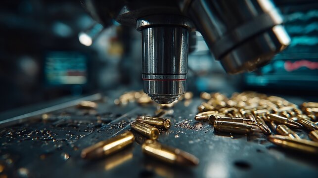 Close up of forensic ballistics analysis spent bullet casings under microscope comparison screens trajectory data clean high detail lab environment