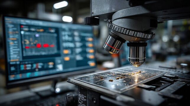 Close up of forensic ballistics analysis spent bullet casings under microscope comparison screens trajectory data clean high detail lab environment