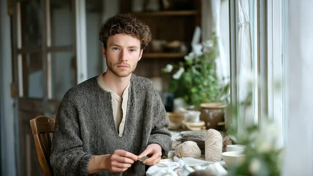 Resourceful Young Man Mending Wool Socks by the Window