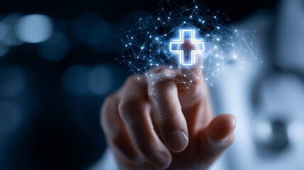 Digital Care Touchpoint: an index finger lights up a glowing node in a web of neon-blue medical icons, symbolising connected healthcare and smart diagnostics.
