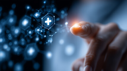 Digital Care Touchpoint: an index finger lights up a glowing node in a web of neon-blue medical icons, symbolising connected healthcare and smart diagnostics.
