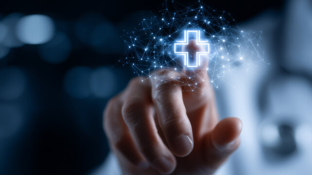 Digital Care Touchpoint: an index finger lights up a glowing node in a web of neon-blue medical icons, symbolising connected healthcare and smart diagnostics.
- Powered by Adobe