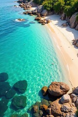 Sun-Drenched Shallow Waters Vibrant Coral Reef and Marine Life in Gentle Waves on a Sandy Shore, Ideal for Travel and Nature Photography