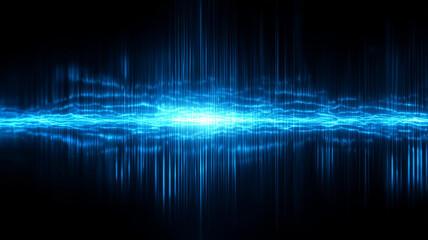 Blue Resonance Field: icy vertical sound spikes rise and fade in a nocturnal void, evoking high-fidelity frequencies, sonar scans and data visualisation in pure cobalt light.
