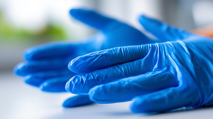 Ready Hands in Blue: crinkled nitrile gloves lie poised on a sterile surface, signalling hygiene, protection and medical preparedness.
