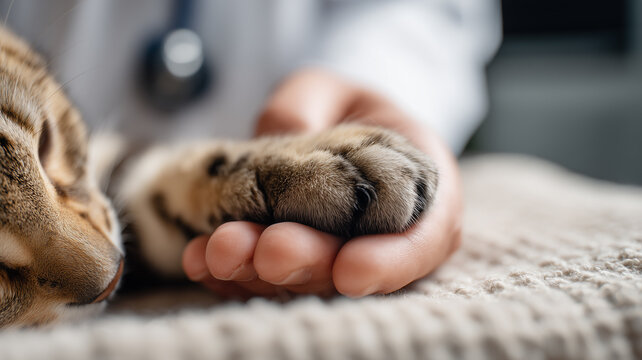 Compassionate Paw-shake: a gentle hand cradles a sleeping cat’s paw, embodying veterinary care, trust and the soft bond between humans and their animal companions.
