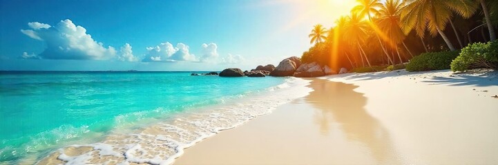 Pristine Beach Paradise Golden Sunlight Bathes a Tranquil Shoreline of Crystal-Clear Turquoise Waters, Smooth White Sand, and Gentle Waves ? The Perfect Escape
