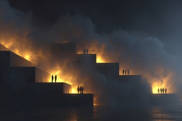 Conceptual artwork of social stratification layered structures glowing steps representing privilege levels silhouettes climbing or stuck moody abstract tones