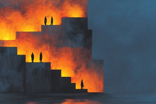 Conceptual artwork of social stratification layered structures glowing steps representing privilege levels silhouettes climbing or stuck moody abstract tones