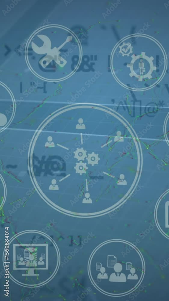 Poster animation of digital computer icons in circles rotating over programming language